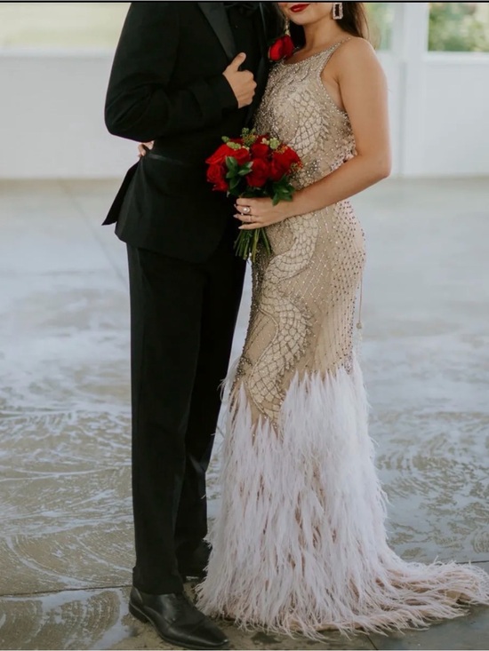 Sherri Hill Dresses & Skirts - Beaded Champagne Evening Gown with Feather Hem